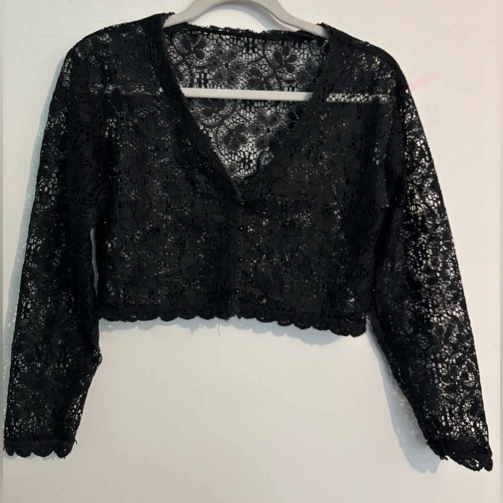 Vintage 1990s Y2K Black Lace Button Shrug Cropped Cardigan Sz Small (Unbranded)